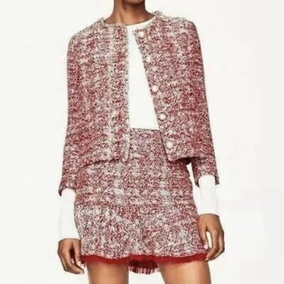 Zara Woman Red Pink Tweed Boucle Jacket Blazer M Pearl Button Frayed Blogger - Picture 16 of 16